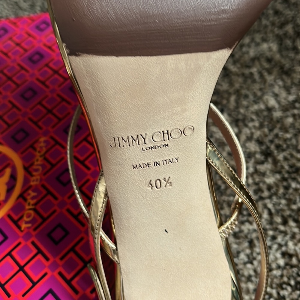 Jimmy Choo Meira 85 Gold Leather Sandals with Crystal Embellishment, like new - Picture 5 of 14